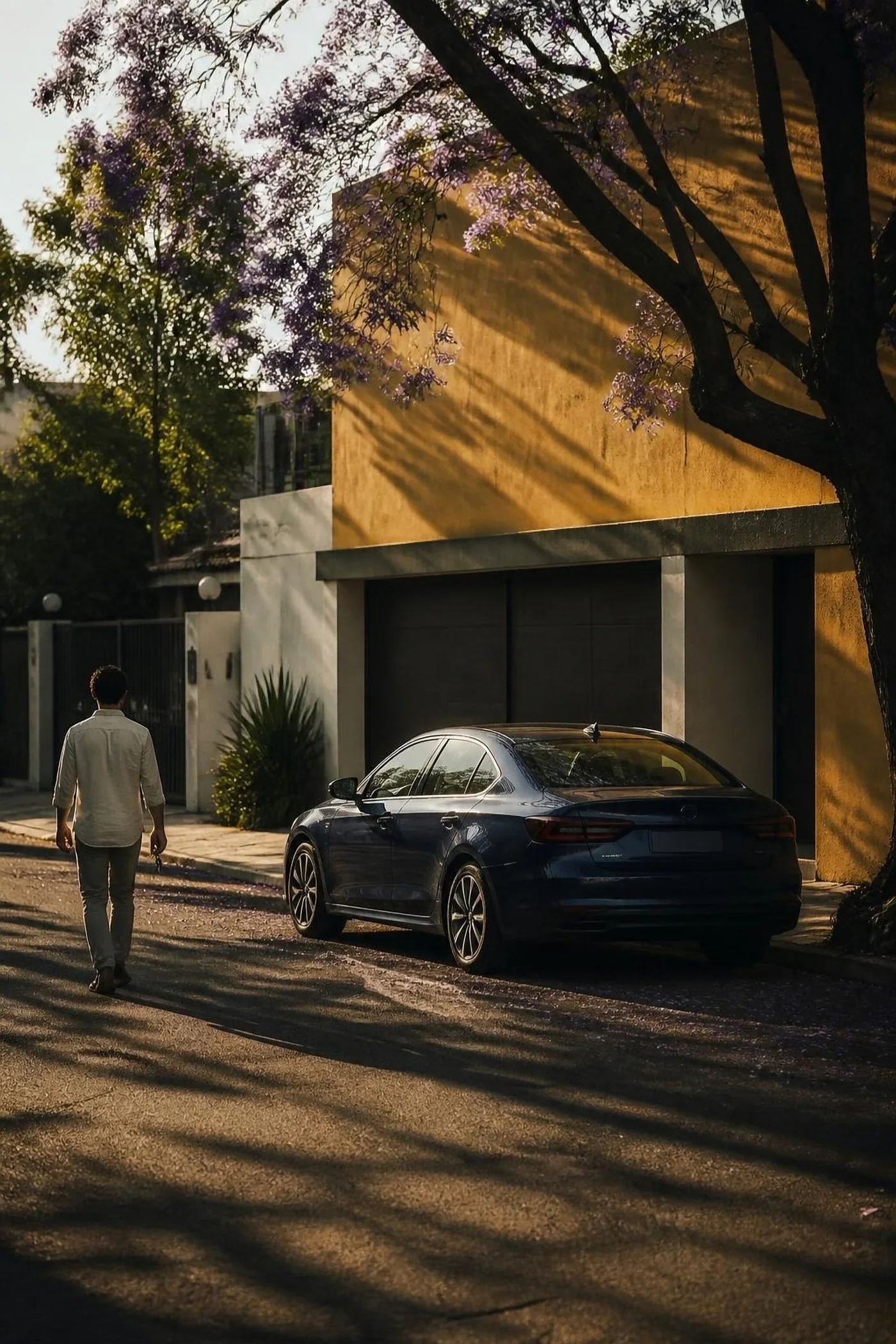 Auto azul estacionado bajo jacarandas frente a una casa modernista en Guadalajara