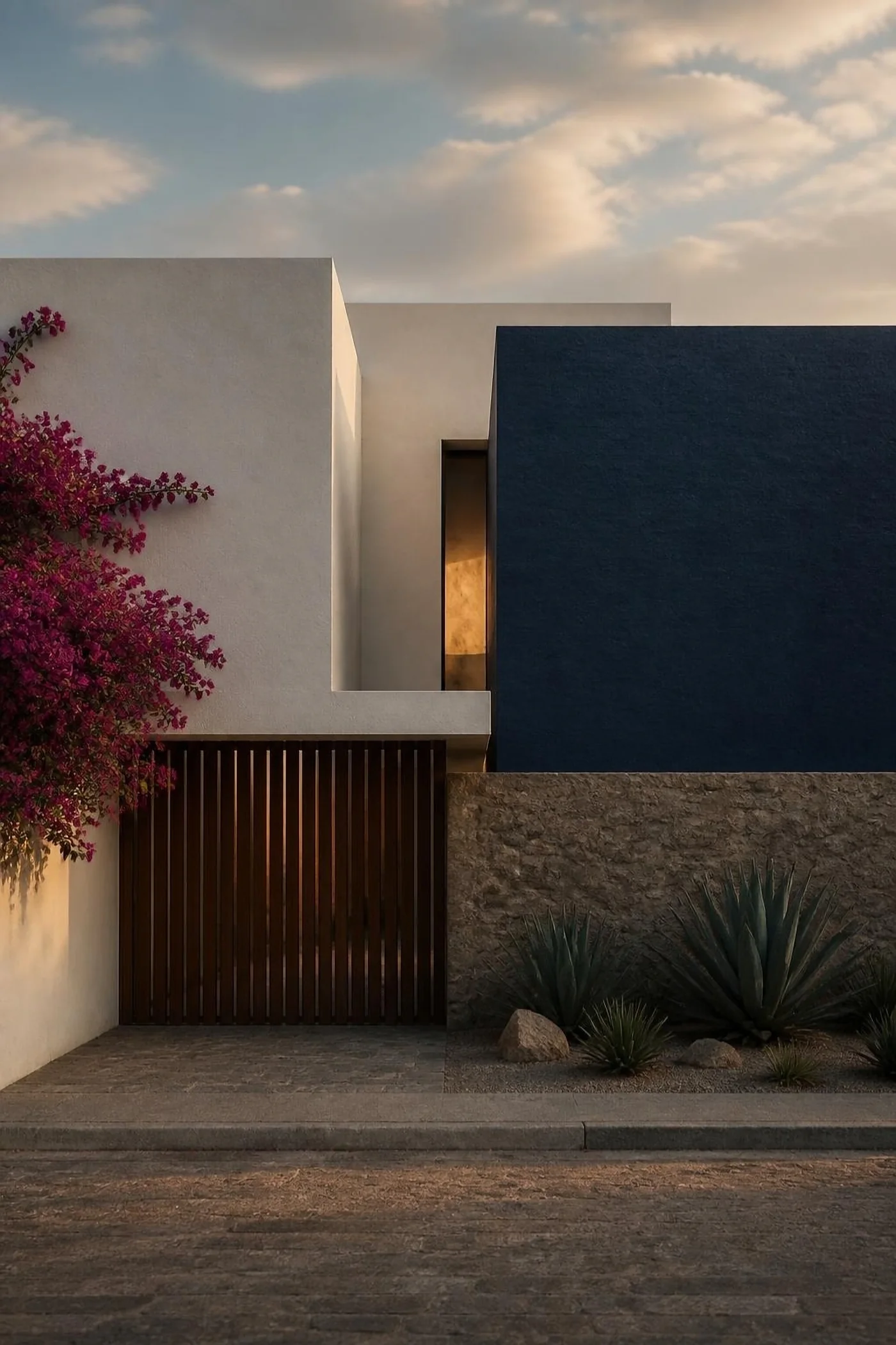 Fachada de casa contemporánea con muro azul, buganvilia y agaves