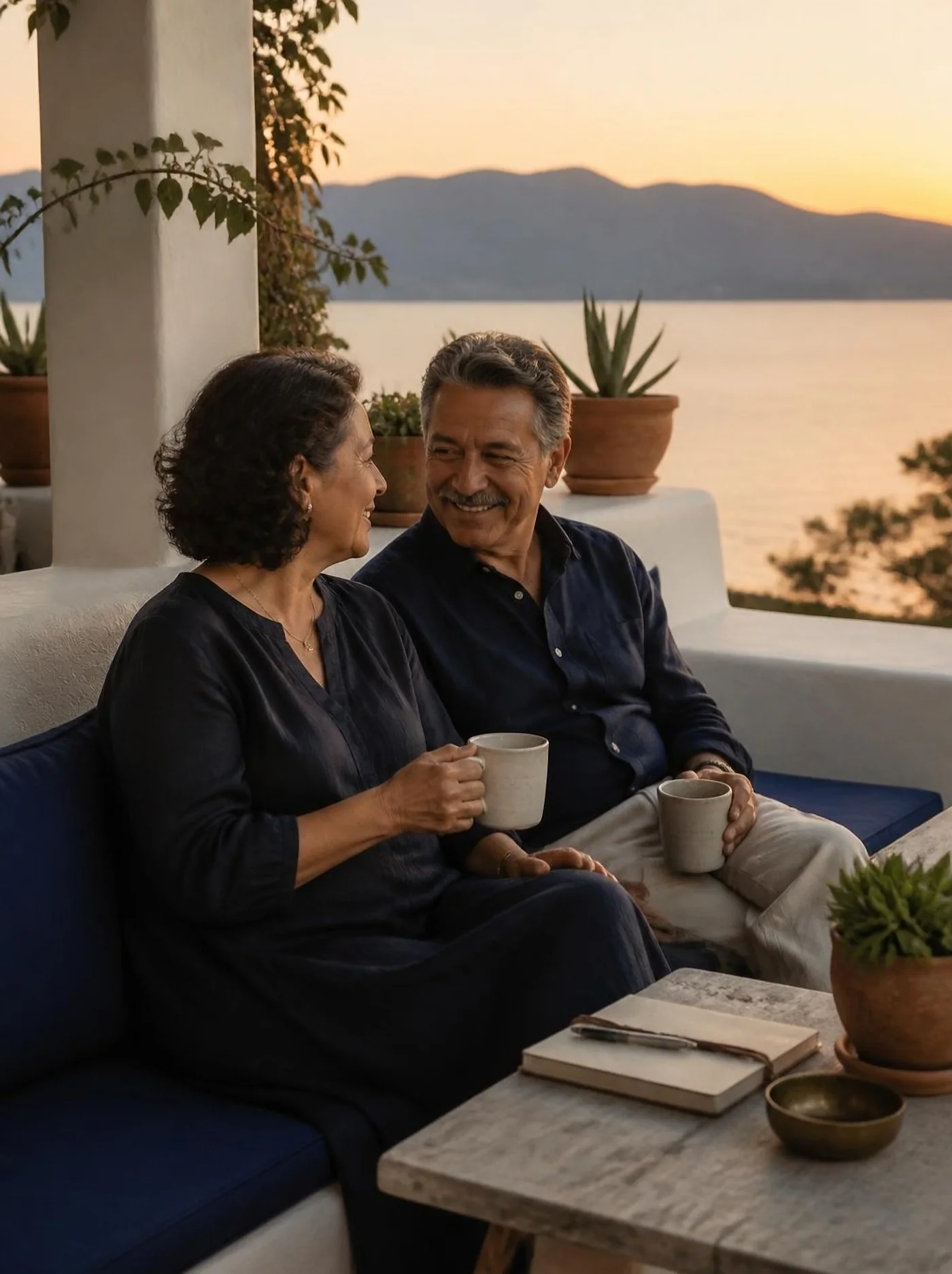 Pareja de adultos tomando café en una terraza frente al lago de Chapala al atardecer