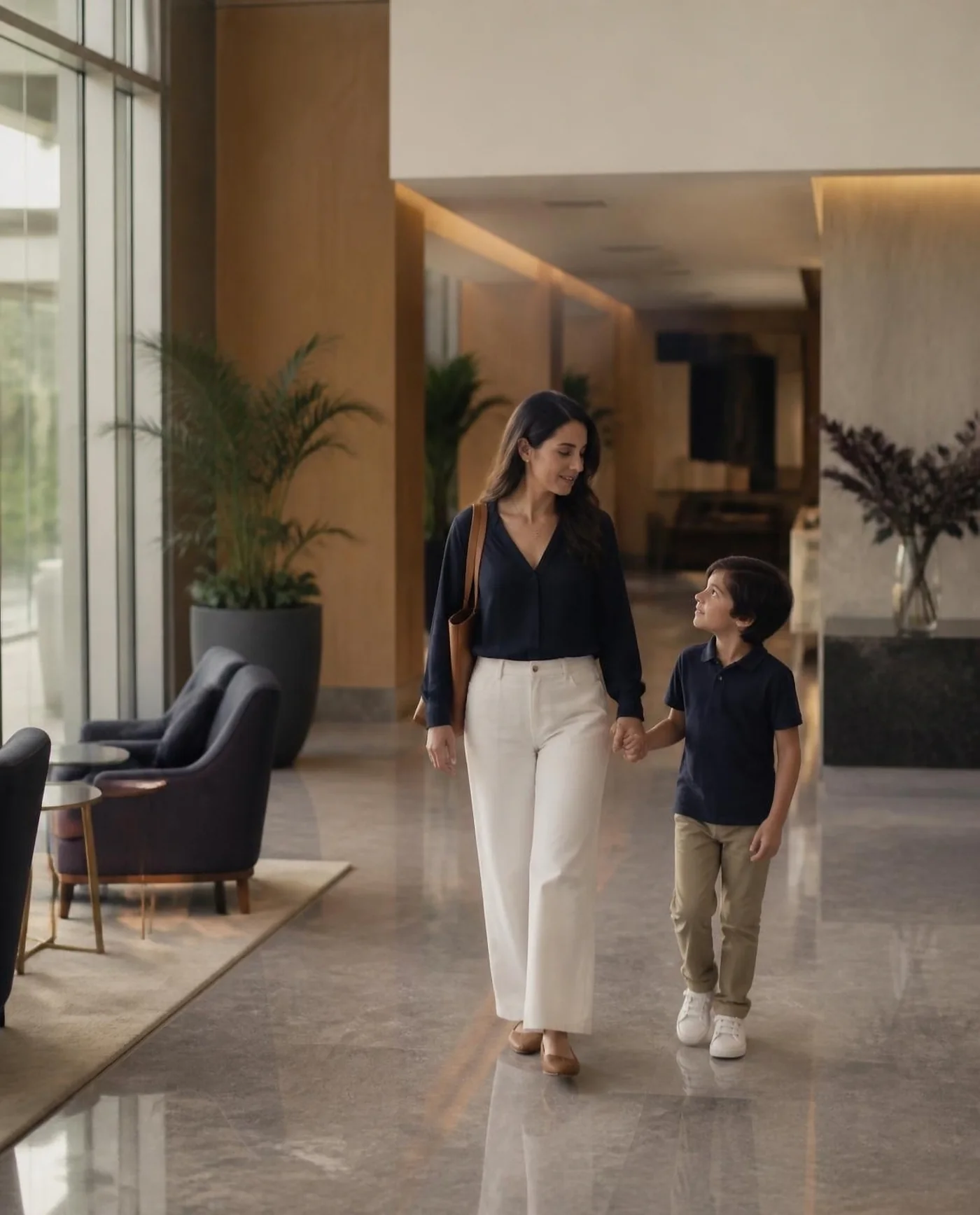 Mamá e hijo caminando tranquilos por el vestíbulo de un hospital moderno