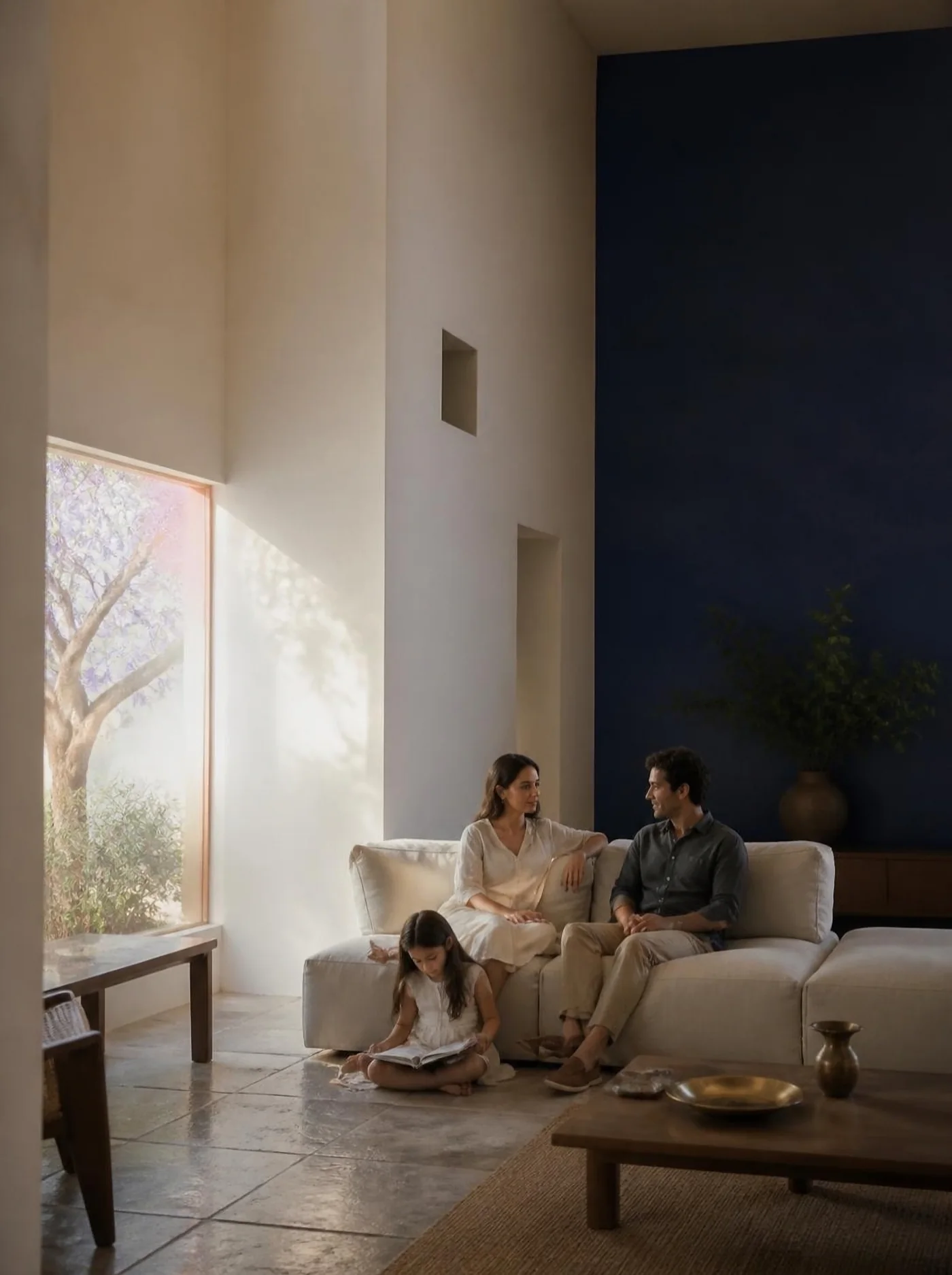 Familia en la sala de una casa contemporánea al atardecer