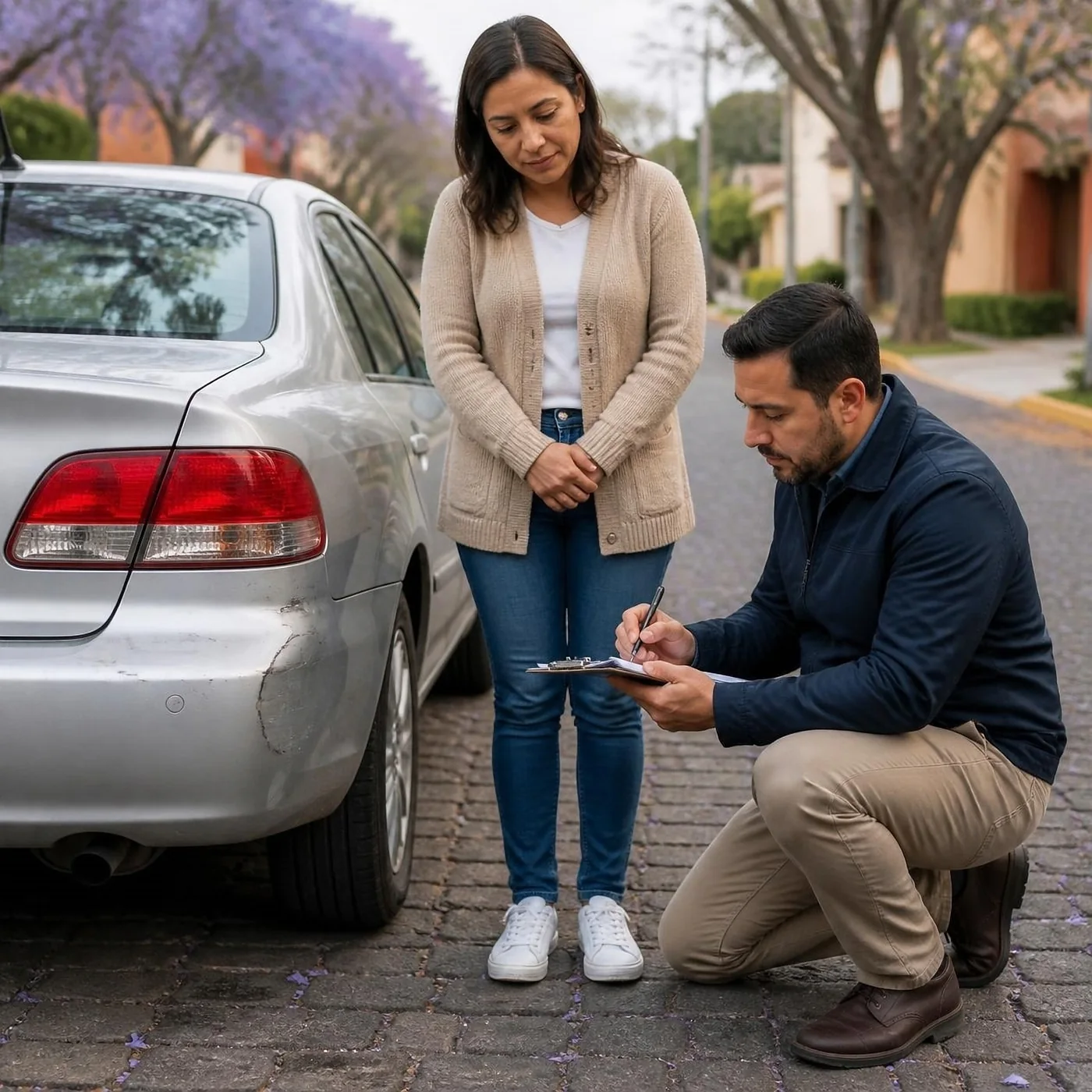 Ajustador tomando notas junto al auto de una conductora después de un pequeño choque