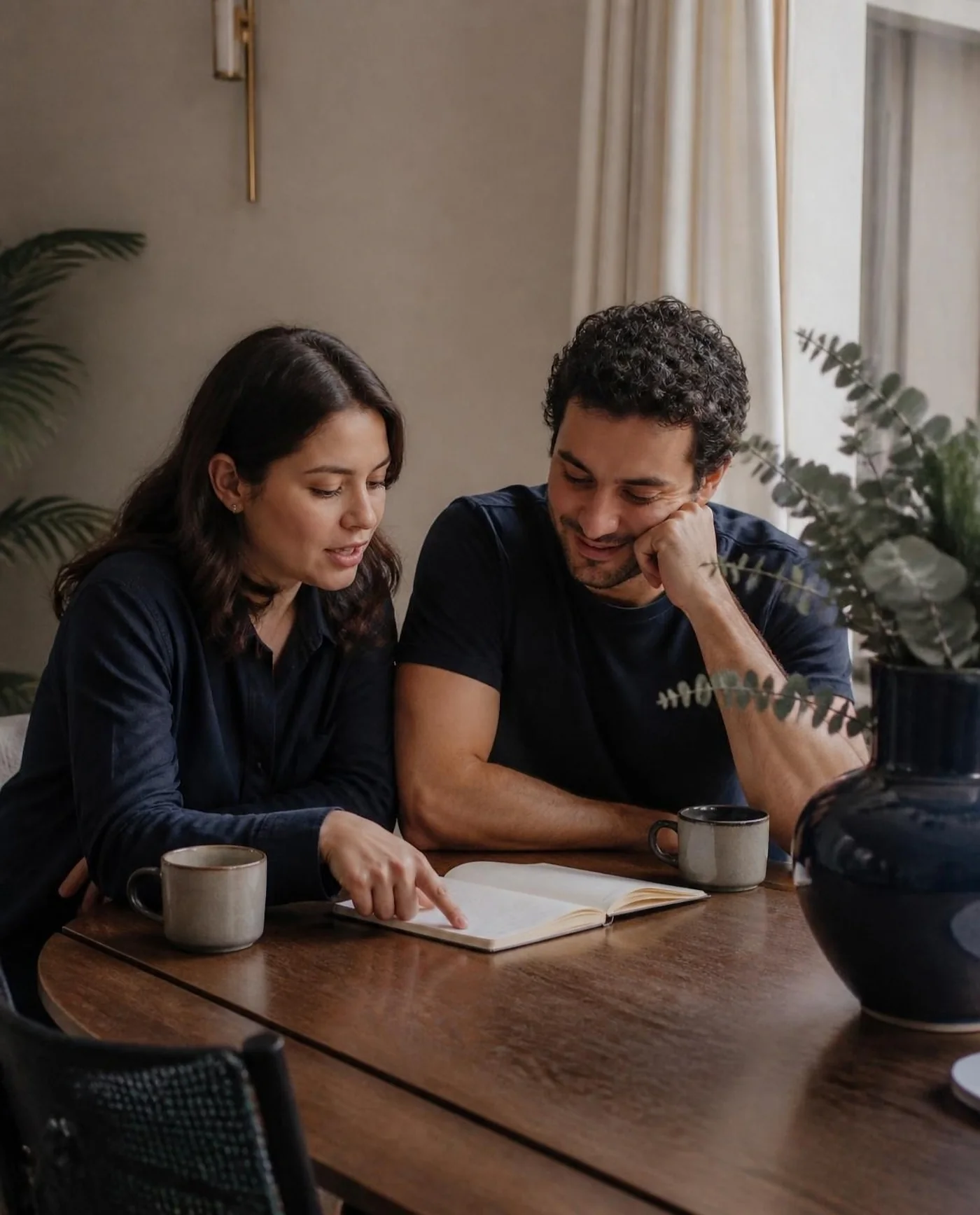 Pareja joven planeando su futuro en la mesa del comedor